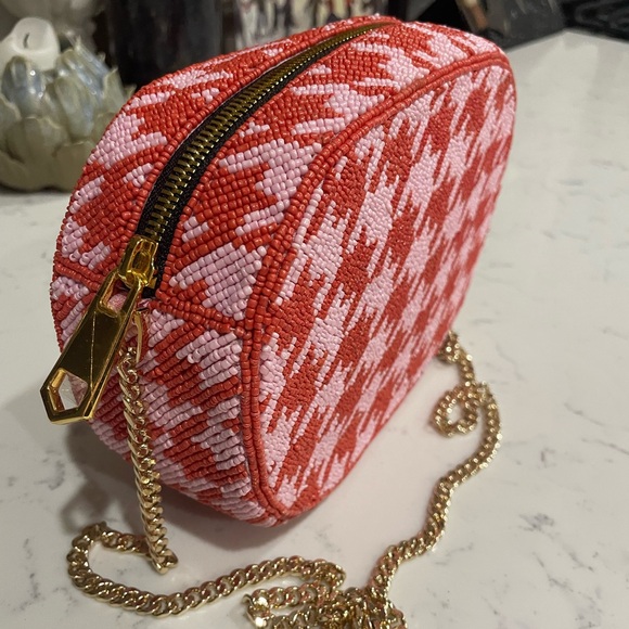 David Jeffery Red and Pink Houndstooth  Beaded Bag Purse - Picture 1 of 4